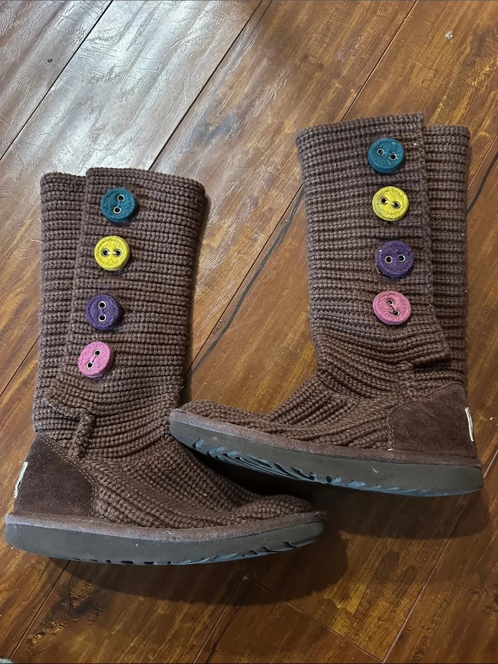 UGG Australia Candy II 1967 Brown Knit Rainbow Button Boots Girls Size 1